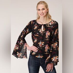 Roper Five Star Bell Sleeves Cowgirl Novelty Print Western Shirt Blouse Medium